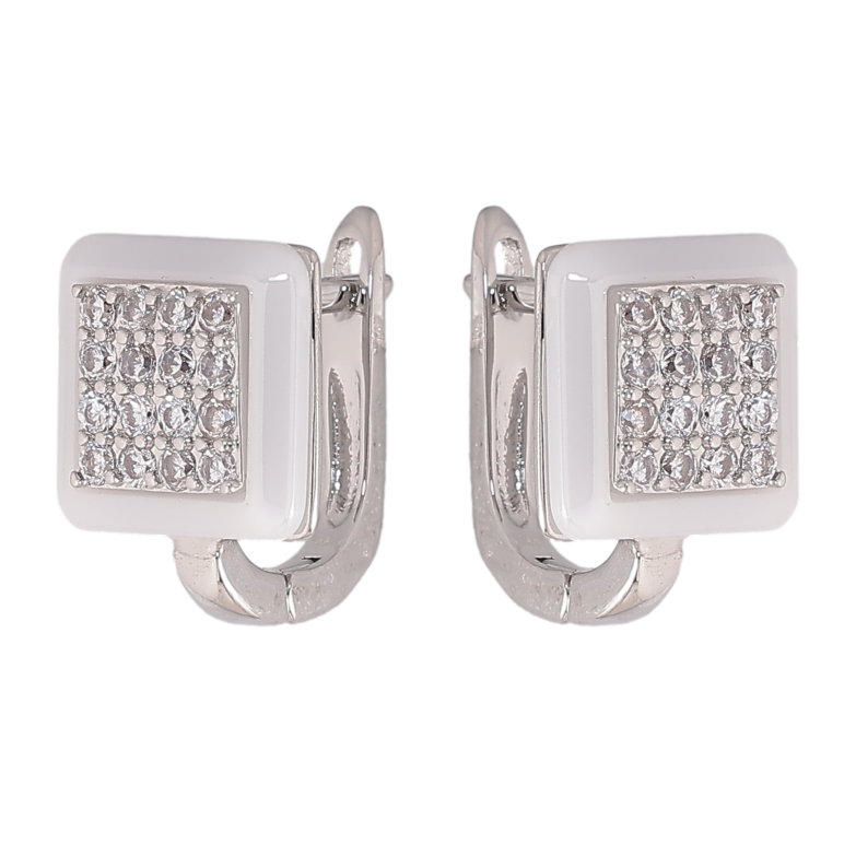 Сережки Xuping TTM Stainless Steel колір Родій англійський замок "Квадрати з білою керамікою та кристалами" фото №1