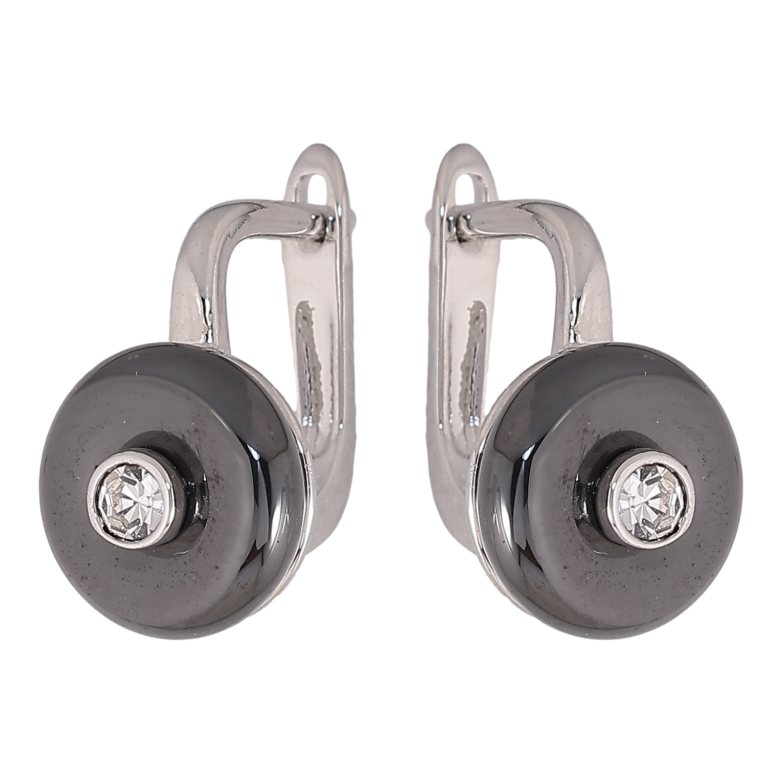 Серьги Xuping TTM Stainless Steel цвет Родий английский замок "Узор из черной керамики с кристаллом" фото №1