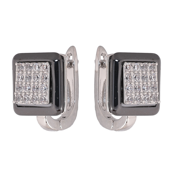 Сережки Xuping TTM Stainless Steel колір Родій англійський замок "Квадрати з чорною керамікою та кристалами" фото №11