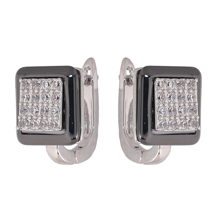 Сережки Xuping TTM Stainless Steel колір Родій англійський замок "Квадрати з чорною керамікою та кристалами" фото №1