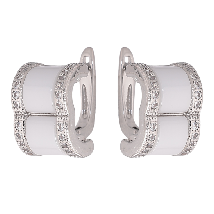 Сережки Xuping TTM Stainless Steel колір Родій англійський замок "Візерунок з білою керамікою та кристалами" фото №12