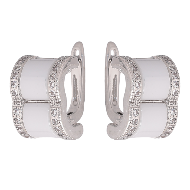 Сережки Xuping TTM Stainless Steel колір Родій англійський замок "Візерунок з білою керамікою та кристалами" фото №1