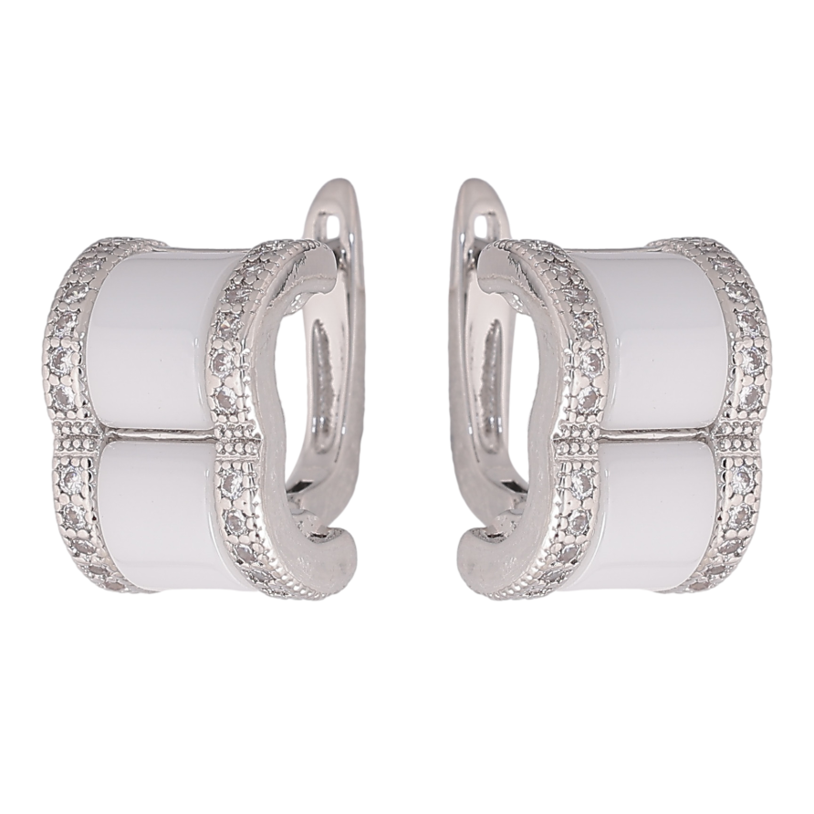 Серьги Xuping TTM Stainless Steel цвет Родий английский замок "Узор с белой керамикой и кристаллами" фото №1