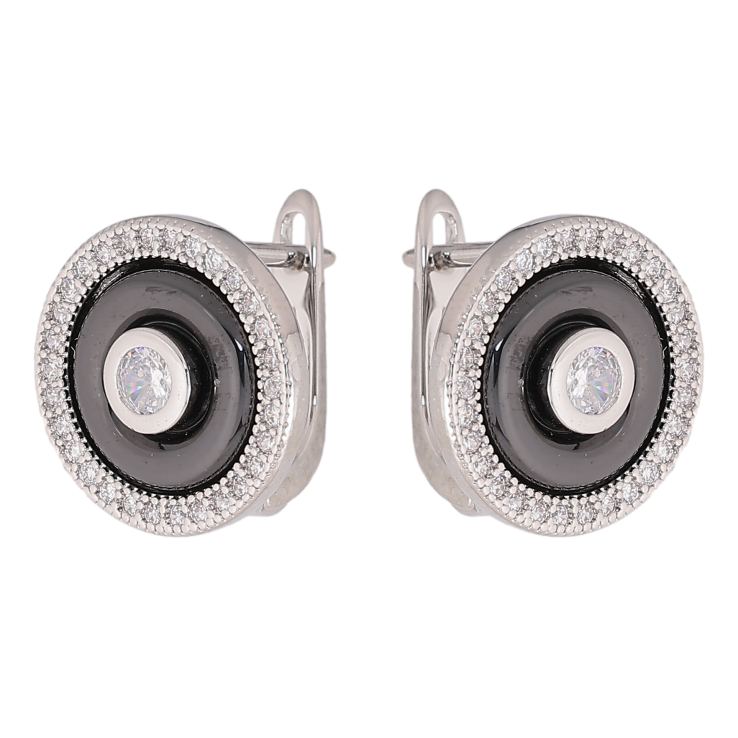 Сережки Xuping TTM Stainless Steel колір Родій англійський замок "Круги з чорною керамікою та кристалами" фото №23