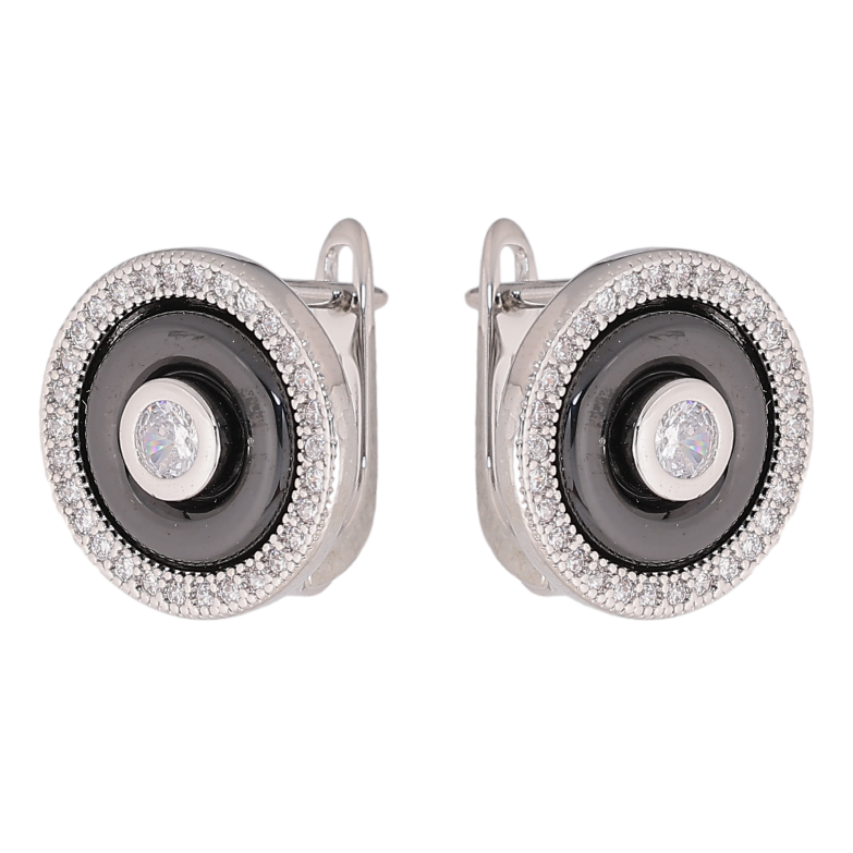 Сережки Xuping TTM Stainless Steel колір Родій англійський замок "Круги з чорною керамікою та кристалами" фото №2