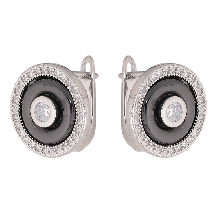 Сережки Xuping TTM Stainless Steel колір Родій англійський замок "Круги з чорною керамікою та кристалами" фото №1