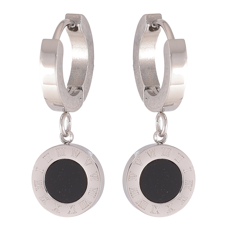 Серьги Xuping TTM Stainless Steel цвет Родий подвески на колечках "Узор циферблат с черными вставками" фото №22 Серьги Xuping TTM Stainless Steel цвет Родий подвески на колечках "Узор циферблат с черными вставками" фото №22