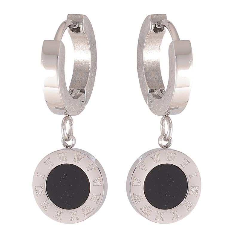 Сережки Xuping TTM Stainless Steel колір Родій підвіски на колечках "Візерунок циферблат з чорними вставками" фото №1 Сережки Xuping TTM Stainless Steel колір Родій підвіски на колечках "Візерунок циферблат з чорними вставками" фото №1