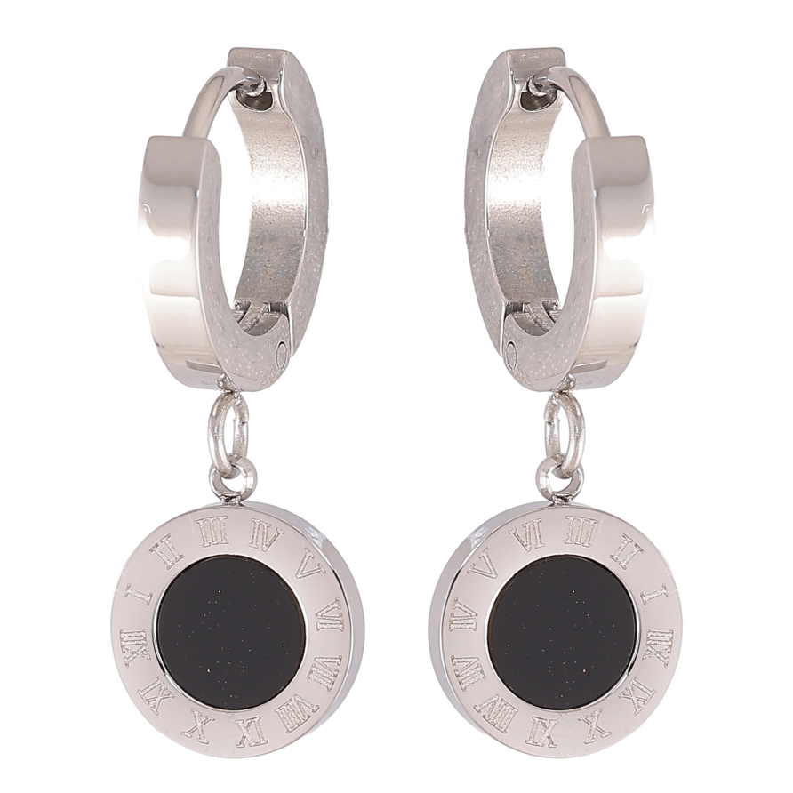 Серьги Xuping TTM Stainless Steel цвет Родий подвески на колечках "Узор циферблат с черными вставками" фото №1 Серьги Xuping TTM Stainless Steel цвет Родий подвески на колечках "Узор циферблат с черными вставками" фото №1