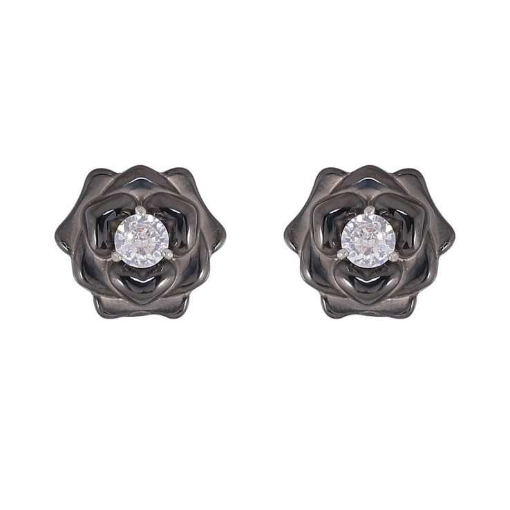 Сережки Xuping TTM Stainless Steel колір Родій пусети "Чорні керамічні квіточки з кристалами" фото №6