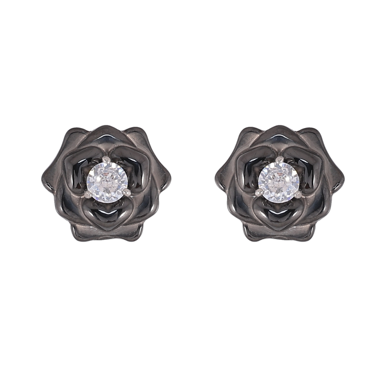 Сережки Xuping TTM Stainless Steel колір Родій пусети "Чорні керамічні квіточки з кристалами" фото №1