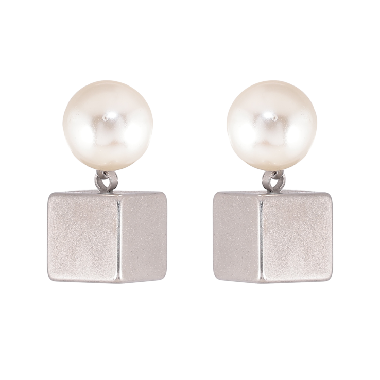 Сережки Xuping TTM Stainless Steel колір Родій пусети "Перлини з підвісками кубиками" фото №8