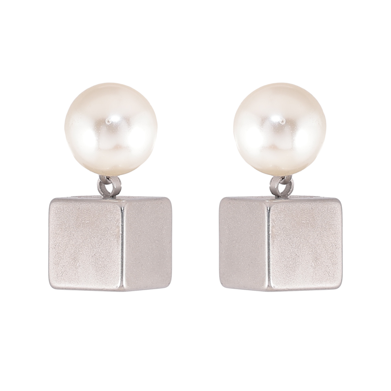 Сережки Xuping TTM Stainless Steel колір Родій пусети "Перлини з підвісками кубиками" фото №1