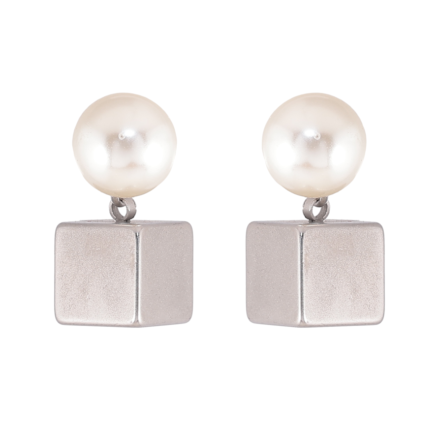 Сережки Xuping TTM Stainless Steel колір Родій пусети "Перлини з підвісками кубиками" фото №1