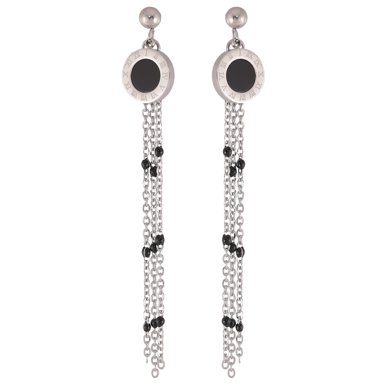 Сережки Xuping TTM Stainless Steel колір Родій пусети "Підвіски з візерунком циферблат та чорними вставками" фото №3 Сережки Xuping TTM Stainless Steel колір Родій пусети "Підвіски з візерунком циферблат та чорними вставками" фото №3