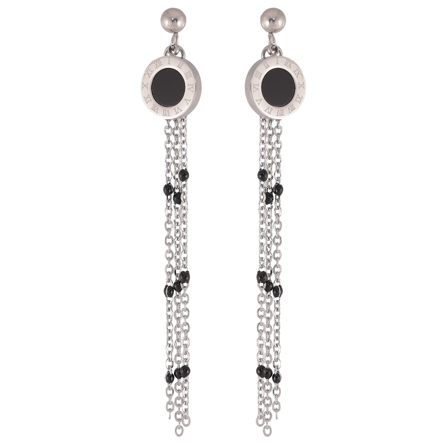 Серьги Xuping TTM Stainless Steel цвет Родий пусеты "Подвески с узором циферблат и черными вставками" фото №1 Серьги Xuping TTM Stainless Steel цвет Родий пусеты "Подвески с узором циферблат и черными вставками" фото №1