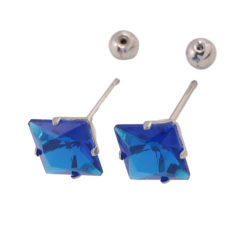Серьги Xuping TTM Stainless Steel цвет Родий пусеты "Синие кристаллы" 8х8мм, застежки закрутки фото №25