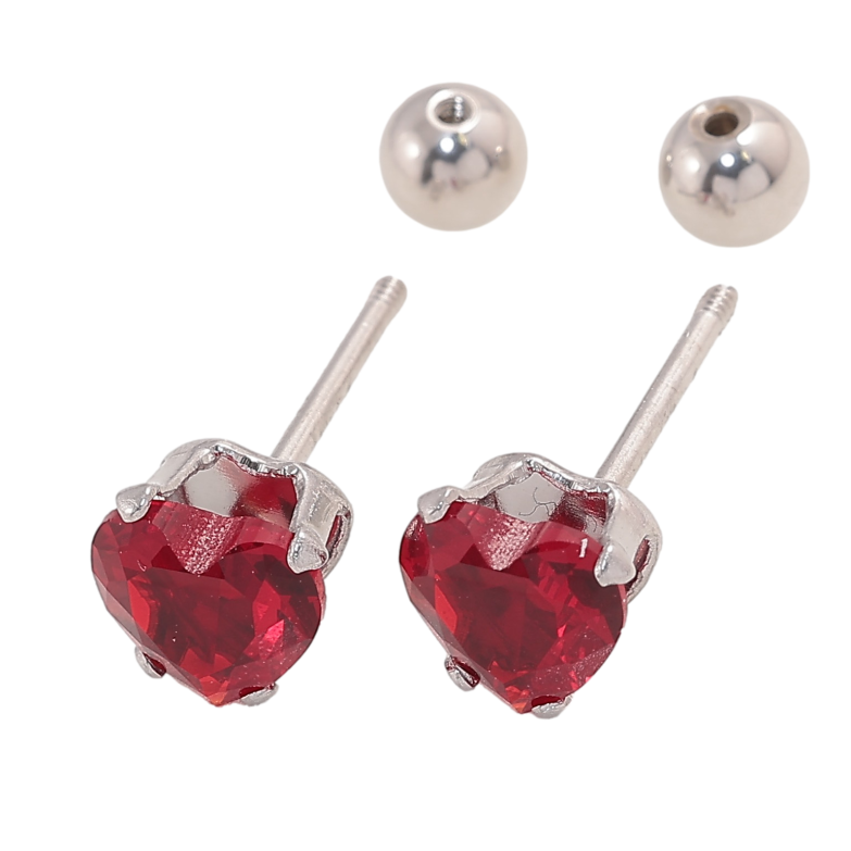 Сережки Xuping TTM Stainless Steel колір Родій пусети "Червоні кристальні серця" 6х6мм, застібки закрутки фото №1