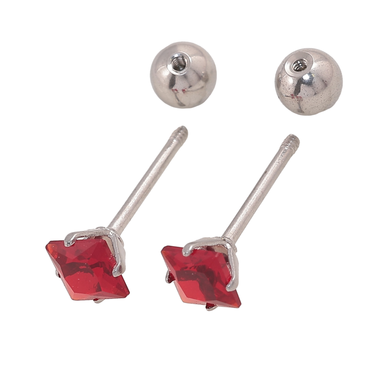 Серьги Xuping TTM Stainless Steel цвет Родий пусеты "Красные кристаллы" 4х4мм, застежки закрутки фото №22