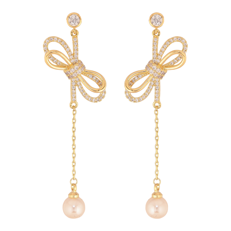 Сережки Xuping колір 14K з кристалами Swarovski пусети "Бантики з кристалами Clear та перлинами" фото №1