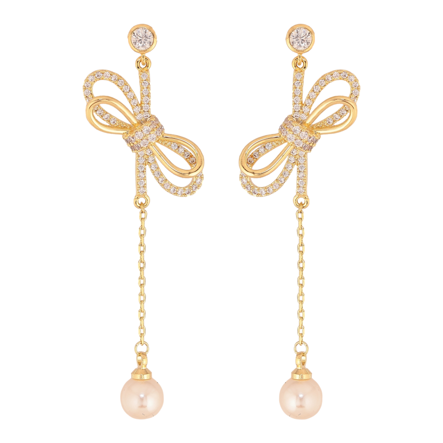 Сережки Xuping колір 14K з кристалами Swarovski пусети "Бантики з кристалами Clear та перлинами" фото №1