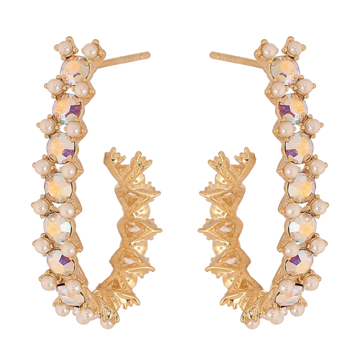 Сережки Xuping колір 14K з кристалами Swarovski пусети "Дуги з кристалами АВ та перлами" фото №3 Сережки Xuping колір 14K з кристалами Swarovski пусети "Дуги з кристалами АВ та перлами" фото №3