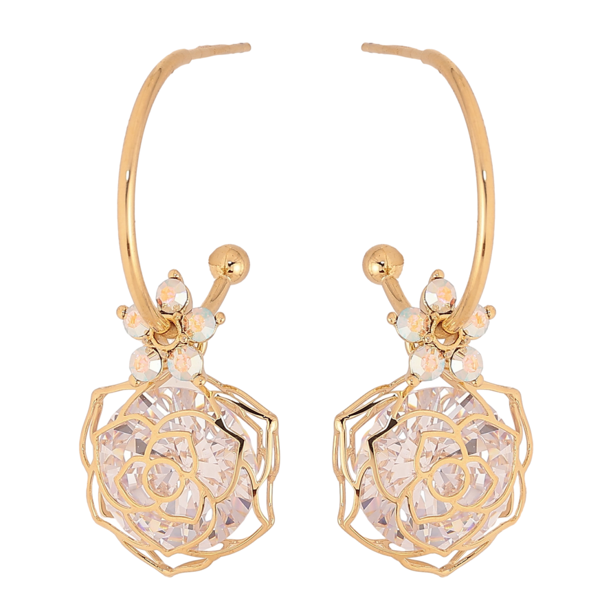 Серьги Xuping цвет 14K с кристаллами Swarovski пусеты "Цветочки с кристаллами АВ на дугах" фото №1