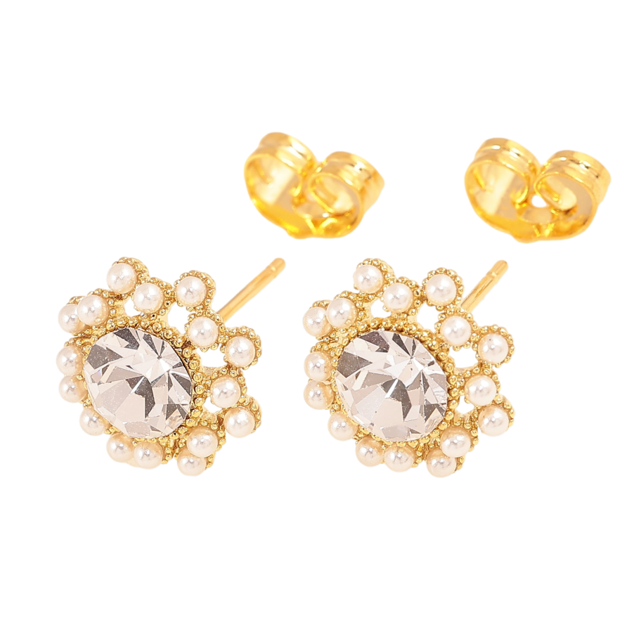 Серьги Xuping цвет 14K с кристаллами Swarovski пусеты "Цветочки с кристаллом Clear и мелким жемчугом" фото №1 Серьги Xuping цвет 14K с кристаллами Swarovski пусеты "Цветочки с кристаллом Clear и мелким жемчугом" фото №1