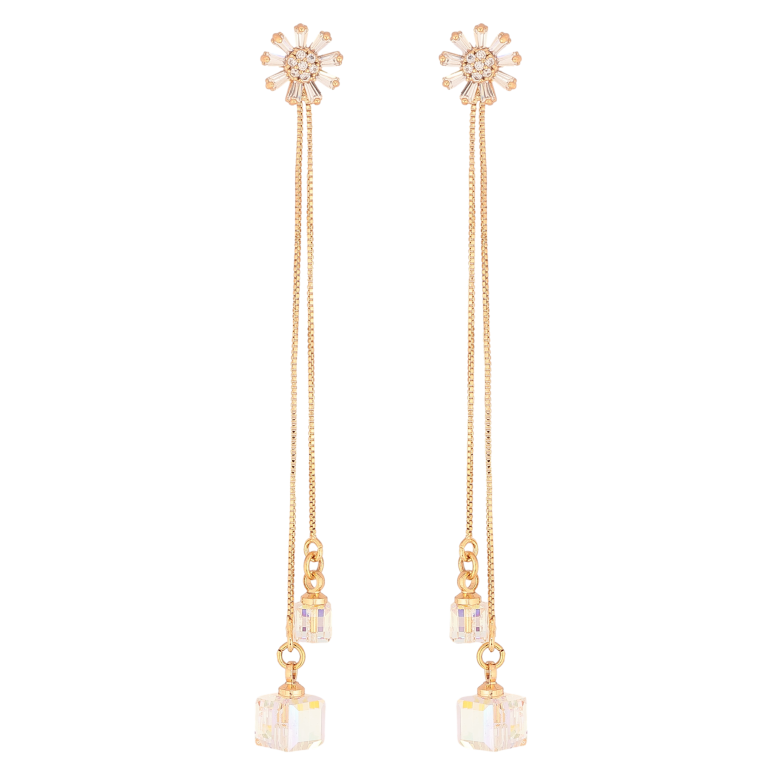 Серьги Xuping цвет 18K с кристаллами Swarovski пусеты "Цветочки с кристаллами Shimmer на цепочке" фото №1 Серьги Xuping цвет 18K с кристаллами Swarovski пусеты "Цветочки с кристаллами Shimmer на цепочке" фото №1