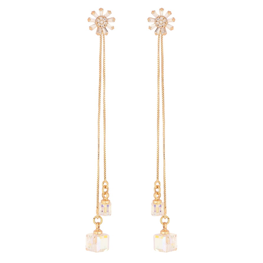 Серьги Xuping цвет 18K с кристаллами Swarovski пусеты "Цветочки с кристаллами Shimmer на цепочке" фото №1 Серьги Xuping цвет 18K с кристаллами Swarovski пусеты "Цветочки с кристаллами Shimmer на цепочке" фото №1