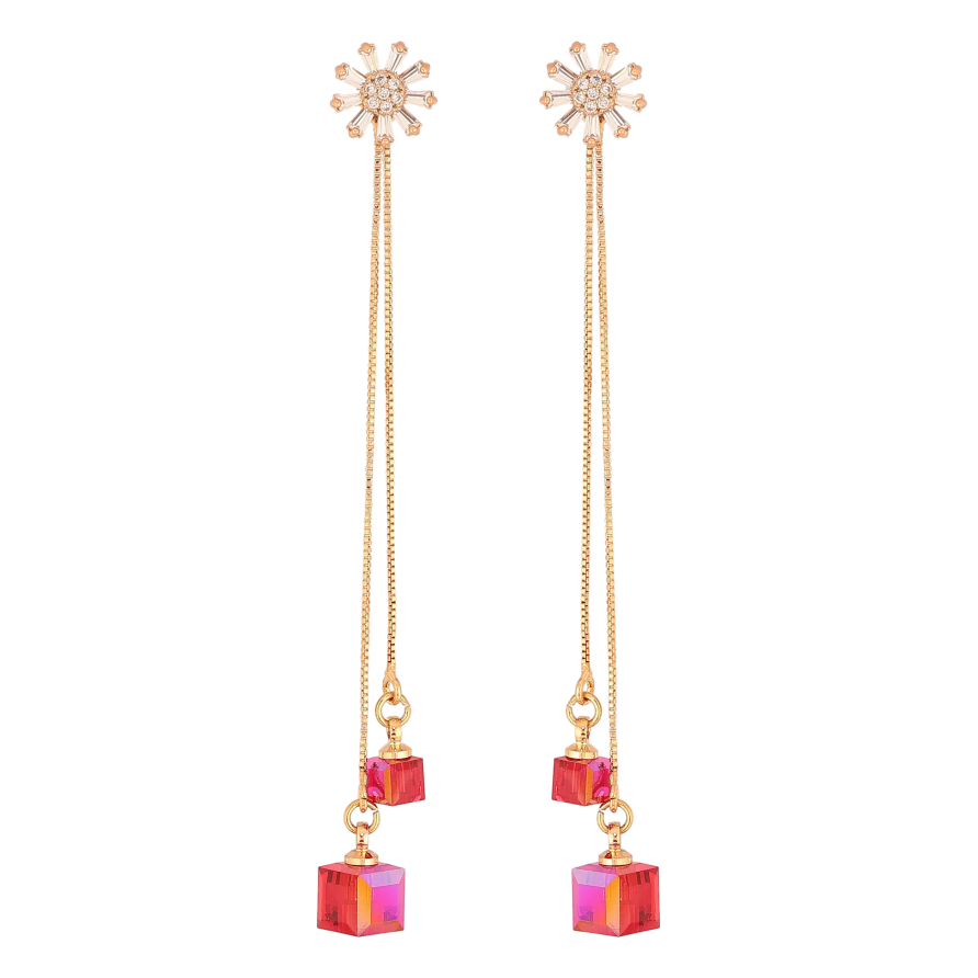 Серьги Xuping цвет 18K с кристаллами Swarovski пусеты "Цветочки с кристаллами Scarlet на цепочке" фото №1