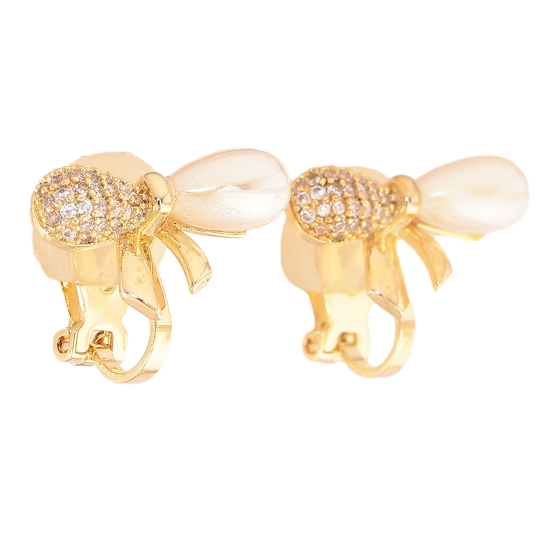 Серьги Xuping цвет Позолота 14K клипсы "Банты с кристаллами и жемчужинами" фото №3