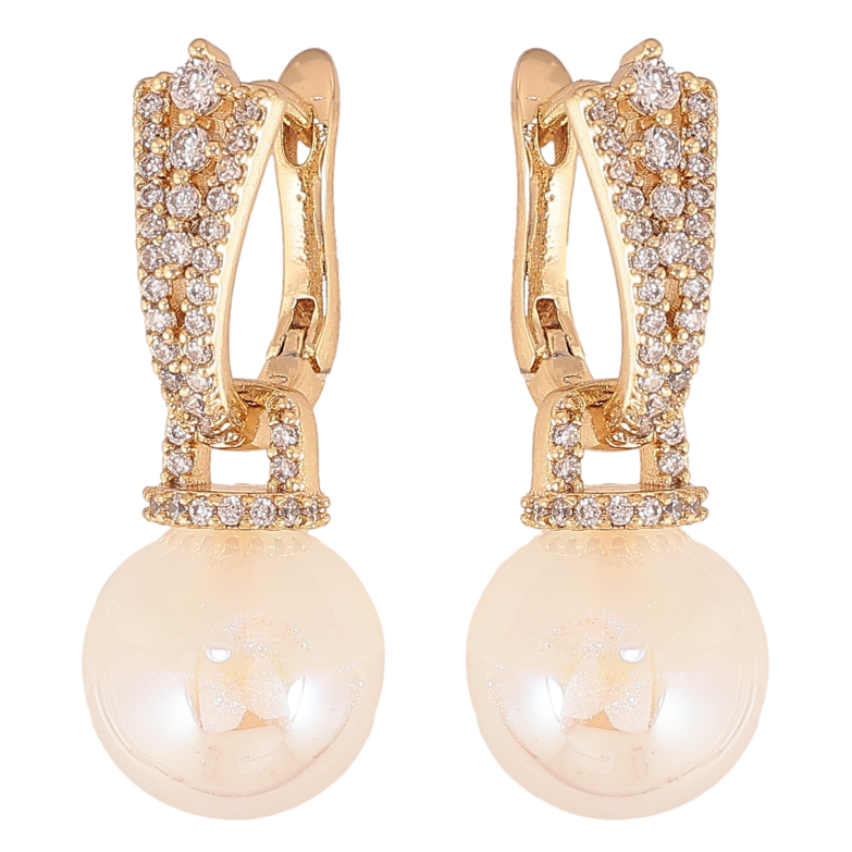 Серьги Xuping цвет Позолота 14K подвески на колечках "Жемчужные подвески с инкрустацией  кристаллами" 2 в 1 фото №2