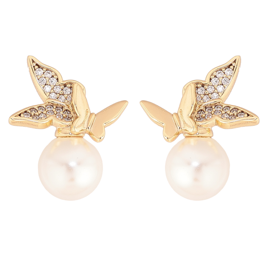 Серьги Xuping цвет Позолота 14K пусеты "Жемчужины с бабочками" фото №1