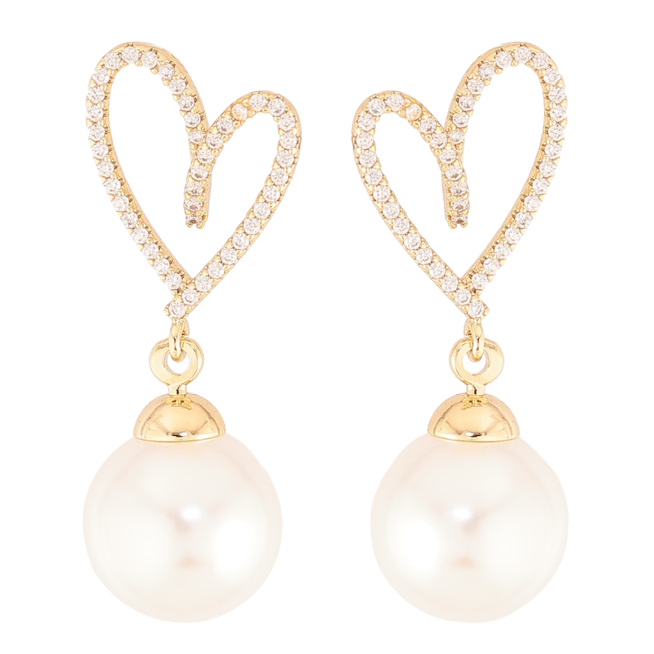Серьги Xuping цвет Позолота 14K пусеты "Сердечки с жемчужными подвесками"  фото №23