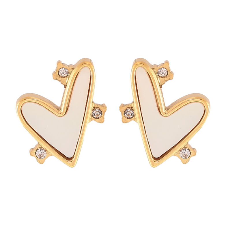 Сережки Xuping TTM Stainless Steel колір 14K пусети "Сердечки з перламутровими вставками та кристалами" фото №2