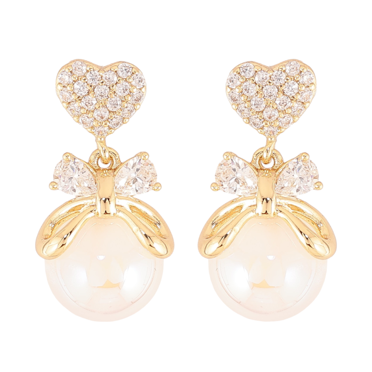 Серьги Xuping цвет Позолота 14K пусеты "Сердечки с жемчужными подвесками" фото №6