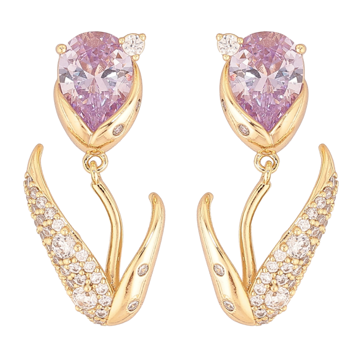 Серьги Xuping цвет Позолота 14K пусеты "Цветочки с сиреневыми кристаллами" фото №16