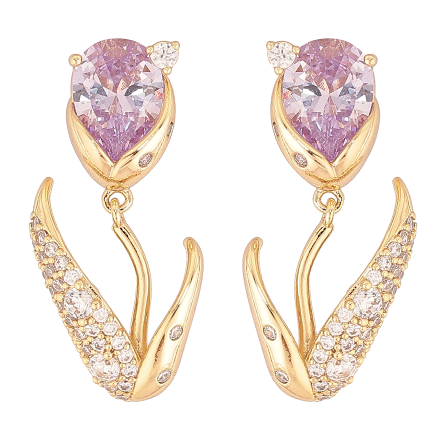 Серьги Xuping цвет Позолота 14K пусеты "Цветочки с сиреневыми кристаллами" фото №1