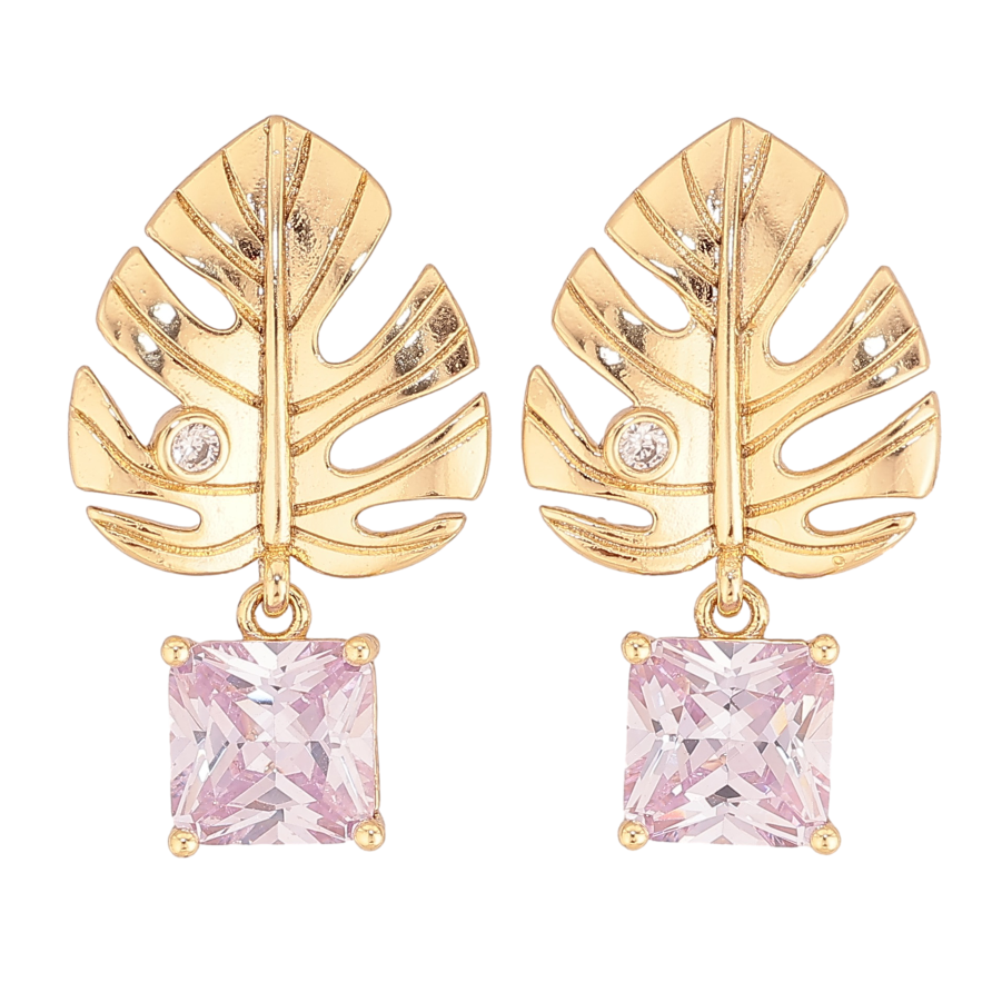 Серьги Xuping цвет Позолота 14K пусеты "Листики с сиреневыми кристаллами" фото №1