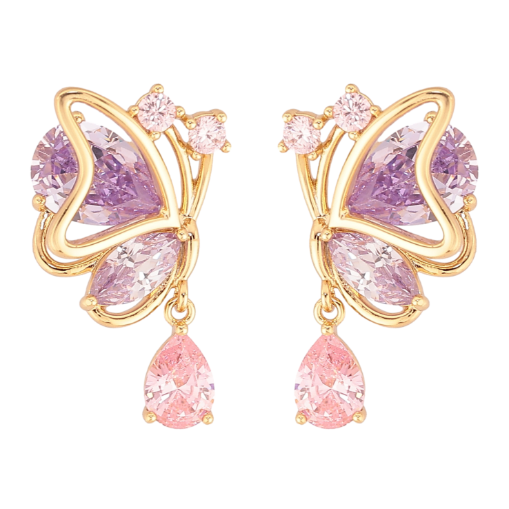 Серьги Xuping цвет Позолота 14K пусеты "Бабочки с сиренево-розовыми кристаллами" фото №2