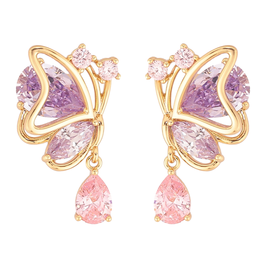 Серьги Xuping цвет Позолота 14K пусеты "Бабочки с сиренево-розовыми кристаллами" фото №1