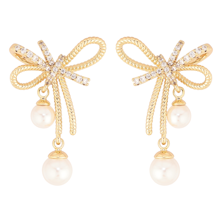 Серьги Xuping цвет Позолота 14K пусеты "Банты с жемчужинами" фото №4