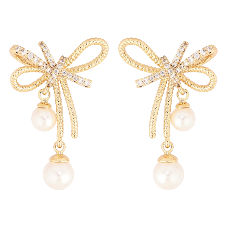 Серьги Xuping цвет Позолота 14K пусеты "Банты с жемчужинами" фото №1 Серьги Xuping цвет Позолота 14K пусеты "Банты с жемчужинами" фото №1