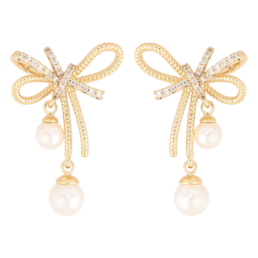 Серьги Xuping цвет Позолота 14K пусеты "Банты с жемчужинами" фото №1