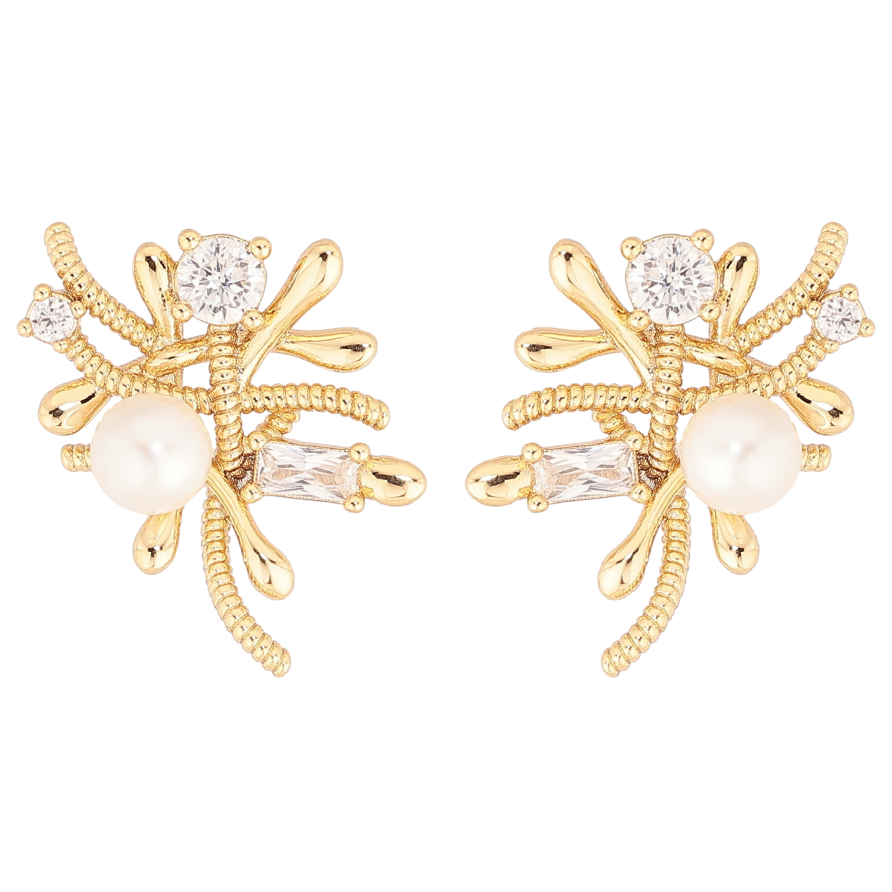 Сережки Xuping колір Позолота 14K пусети "Декоративний візерунок з кристалами та перлинами" фото №1 Сережки Xuping колір Позолота 14K пусети "Декоративний візерунок з кристалами та перлинами" фото №1