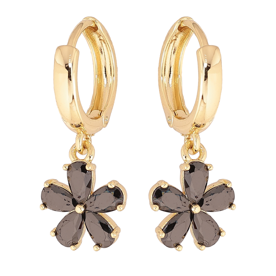 Сережки Xuping колір Позолота 14K підвіски на колечках "Чорні кристальні квіточки" фото №1 Сережки Xuping колір Позолота 14K підвіски на колечках "Чорні кристальні квіточки" фото №1