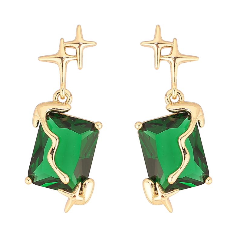 Сережки Xuping колір Позолота 14K пусети "Зірки з зеленими кристалами" фото №1 Сережки Xuping колір Позолота 14K пусети "Зірки з зеленими кристалами" фото №1