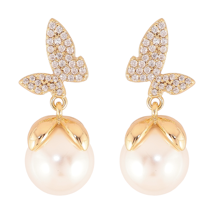 Серьги Xuping цвет Позолота 14K пусеты "Бабочки с жемчужными подвесками" фото №4