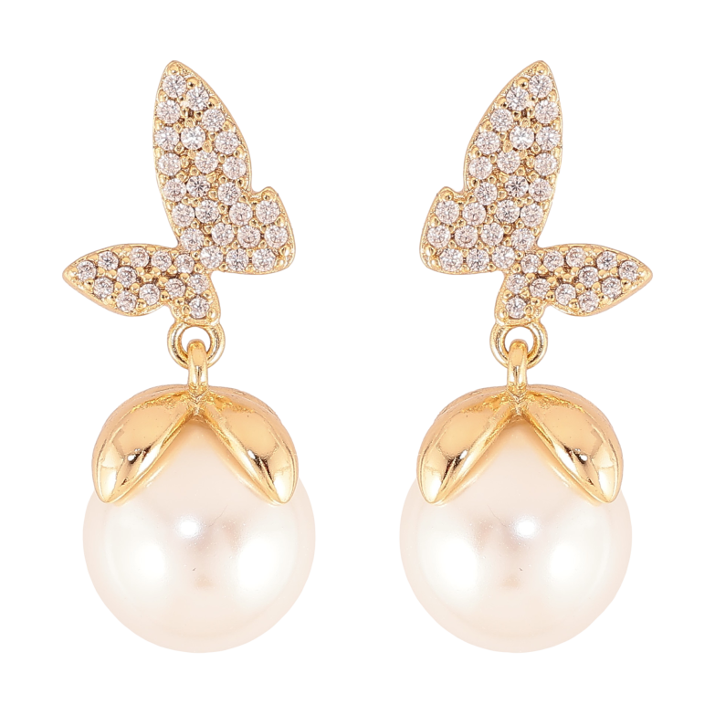 Серьги Xuping цвет Позолота 14K пусеты "Бабочки с жемчужными подвесками" фото №2